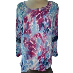 Cato blouse sheer watercolor look bell sleeves w/embellishment keyhole back Sz L